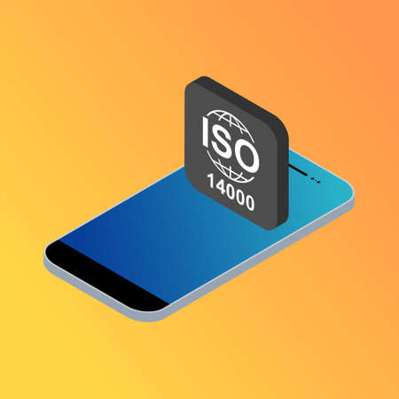 Iso 14000 isometric icon. Environmental Management. Standard quality symbol. Vector button sign isolated on color background.のイラスト素材