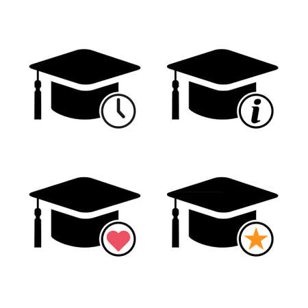 Set of cap, hat symbol isolated on white background. Graduate education illustration vector icon, success web button.のイラスト素材