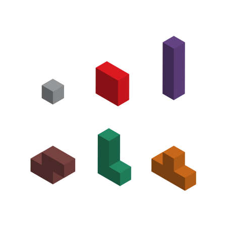 Set of color tetris isometric block, color puzzle icon, logic fun game vector illustration.のイラスト素材