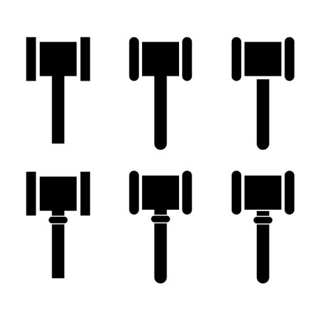 Set of Judge hammer icon, law auction symbol, justice sign vector illustration button.のイラスト素材