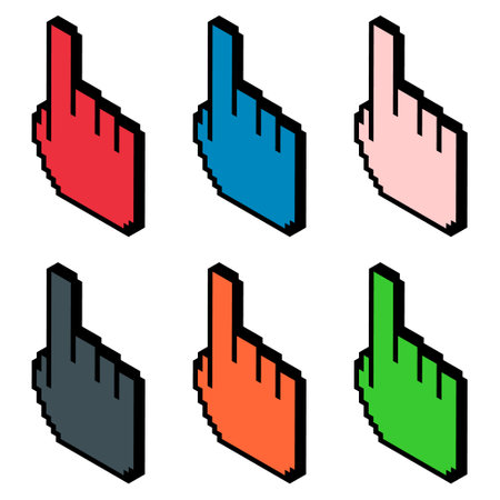 Set of finger ixometric pixel, web cursor click mouse symbol, computer pointer vector illustration.のイラスト素材