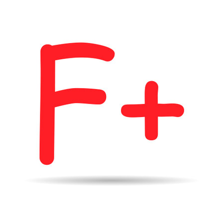 Grade result F plus with shadow. Hand drawn icon in red color. Test exam mark report vector illustration.のイラスト素材