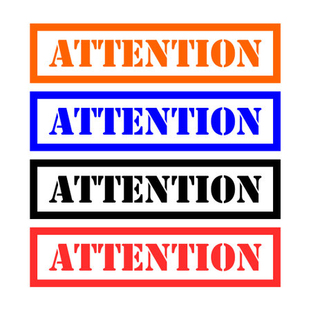 Set of Attention stamp symbol, label sticker sign button, text banner vector illustration.のイラスト素材