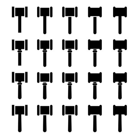 Set of Judge hammer icon, law auction symbol, justice sign vector illustration button.のイラスト素材