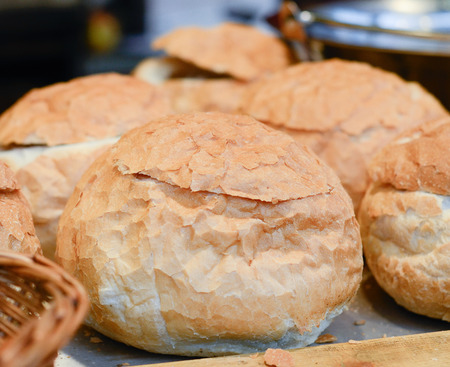 Christmas market in details. Close up of empty bread bowls - Christmas food.