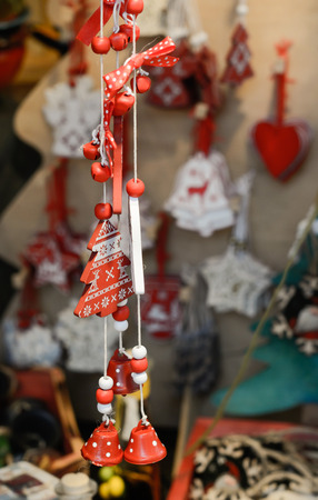 Christmas market in details. Red hanging christmas decoration - tree.の写真素材