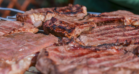 Meat on grill barbecue closeup. Horizontalの写真素材