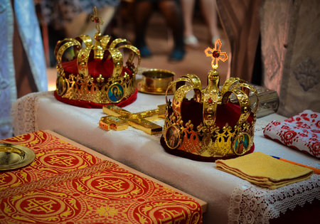 Wedding preparation in Orthodox Church -  bridal church crownsの写真素材