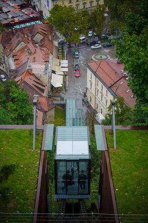 Funicular in the rainy park in Sloveniaのeditorial素材