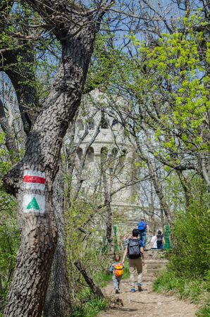 Trial signs on the tree and children in the Normafa forestの写真素材