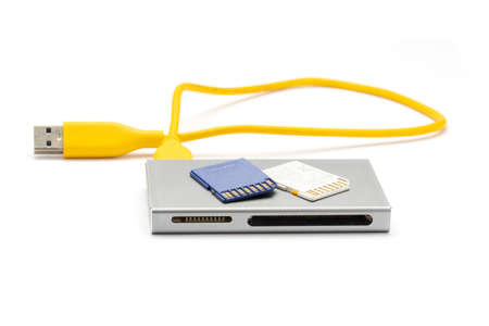 Close up USB 3.0 Card reader with SD (micro SD) card isolated on white background.