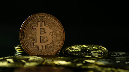 Golden bitcoins crypto currency with blockchain technology concept, electronic money investments in digital asset virtual market, trading commercial in future globalの写真素材