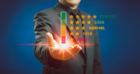 Businessman or customer give rating to service experience on virtual touch screen and thinking about rows of star to review satisfaction feedback survey, Customer service evaluation conceptの写真素材