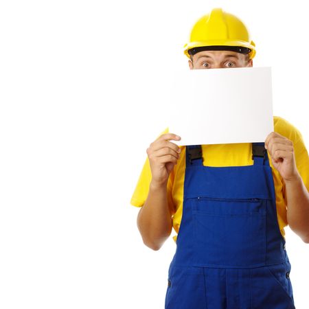 Anxious worker showing blank message, isolated over whiteの写真素材