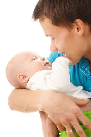Happy father holds his little child, isolated over whiteの写真素材