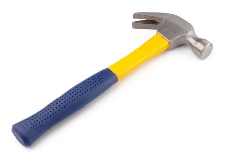 Single blue and yellow hammer, isolated over whiteの写真素材