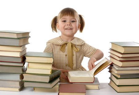 Little girl with books, back to school, isolated over whiteの写真素材