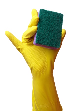 Hand in glove holding washing sponge, isolated over whiteの写真素材