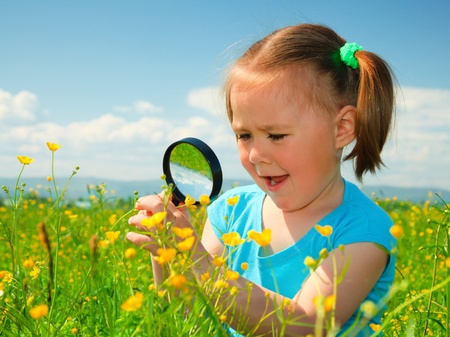 Little girl is playing on green meadow and examining field flowers using magnifying glassの写真素材