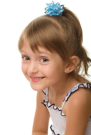 Portrait of a cute little girl, isolated over whiteの写真素材