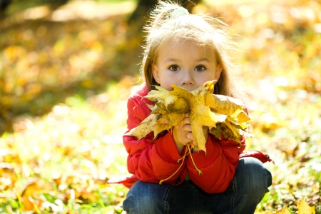 Cute little girl is playing with leaves in autumn parkの写真素材