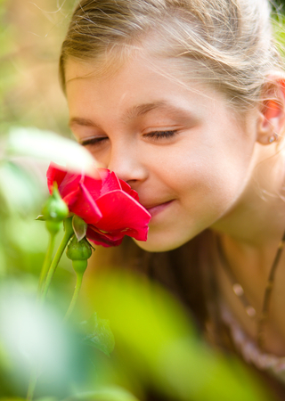 Portrait of a cute little girl smelling rose, outdoor shootの写真素材