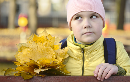 Cute little girl in autumn park holding bunch of yellow leavesの写真素材