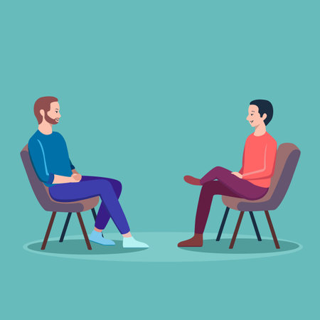 This illustration shows us a dialogue between two young people on a light turquoise background.のイラスト素材