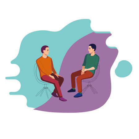 This vector illustration shows a dialogue between two men on a colored background.のイラスト素材