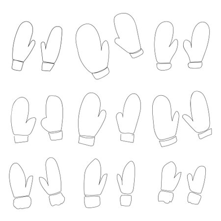 This is an illustration of a vector set with black linear mittens on a white background. The set can be used in various ways nd change color.のイラスト素材