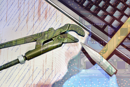 Repair of computer equipment, electronic boards. Abstract concept of computer repair
