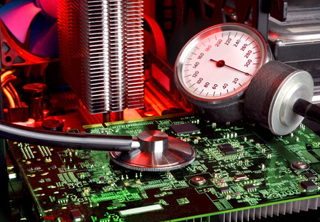 Concept of computer system diagnostics. Computer repair, service, stethoscope with sensor