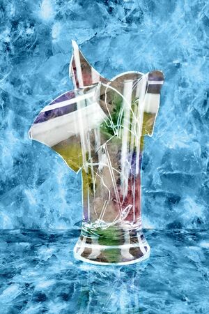Abstract of cracked blue ice and broken glass. Broken glass of different colors on a frozen backgroundの写真素材