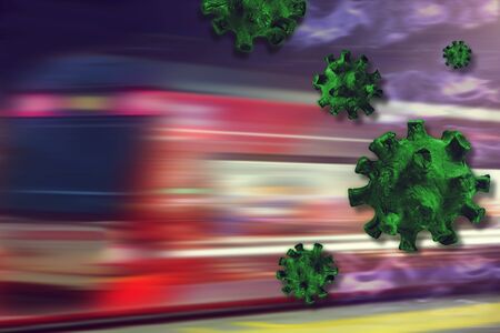 Concept of the spread of coronavirus, influenza in public transport, metro. 3D image rendering....