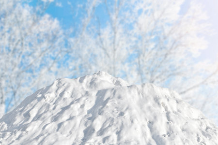 Large snow slide against the background of blue sky and trees. Winter sunny landscapeの写真素材