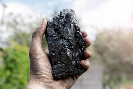 Piece of coal in the raised hand on a blurry background. Energy and fuel industry. Volcanic rock in the dirty hands of a miner.の写真素材