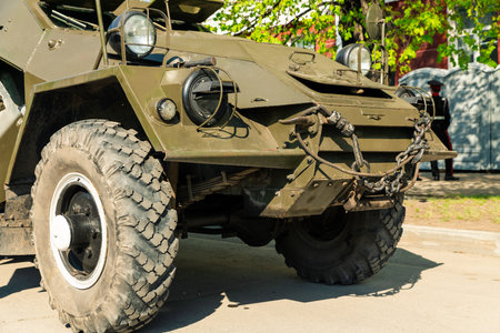Barnaul. Russia. May 9, 2022. Russian armored car from the Second World War at the exhibition of retro cars. The front of the car. On Sakharov Square.のeditorial素材