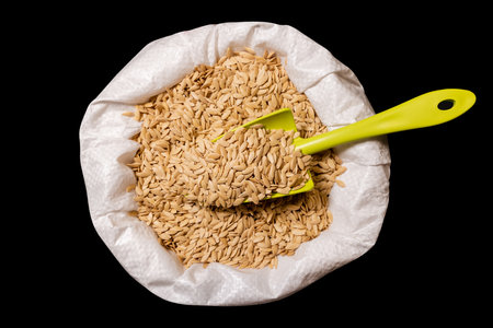 Cucumber seeds in a bag. On an isolated black background. Seeds in large quantities for sowing and storage in a warehouse.の写真素材