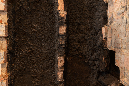 Dismantling an old brick oven. Black soot inside the furnace wells. Dirty and dusty work during house renovation. Concept of destruction after a fire.の写真素材