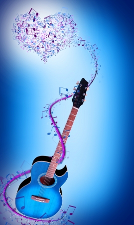 blue guitar with notes and musicの写真素材