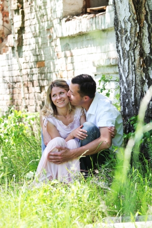 a young couple in love outdoorsの写真素材