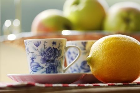 tea and fruit outdoors at picnicの写真素材