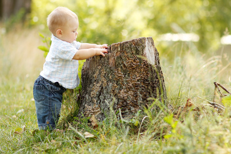 a little boy playing in natureの写真素材