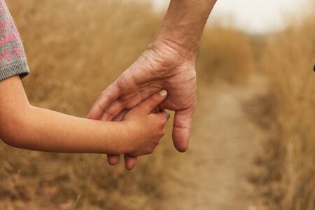 the parent holds the hand of a small childの写真素材