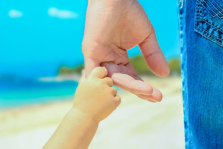 beautiful hands of parent and child by the sea