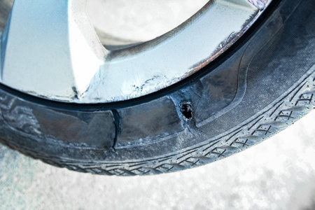 Car tires and wheels with wheels for auto backgroundの写真素材