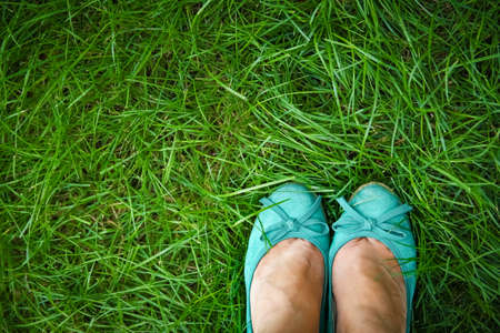 beautiful legs on the grass in the summer parkの写真素材