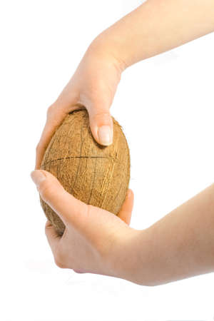 beautiful and delicious coconut in hands on a white backgroundの写真素材