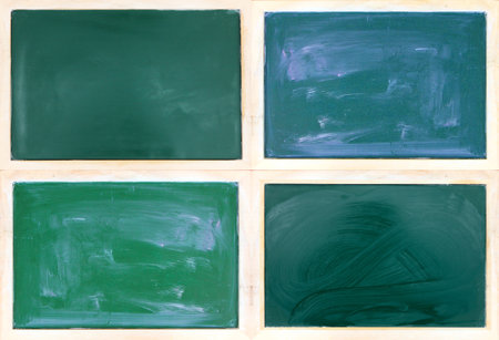 four different chalk boards green and blue school study backgroundの写真素材