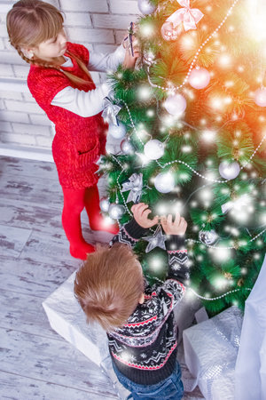 happy kids at home at christmasの写真素材